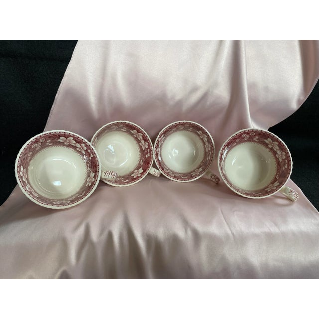 Ivory Final Markdown. Rare Find; Spode “Pink Tower” Design English Transferware Tea Cup & Saucer Set for 4(8 Pcs)Charming Ring Shaped Handles on Tea Cups. For Sale - Image 8 of 12