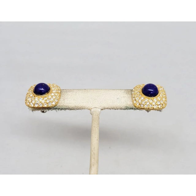Napier Vintage Signed Napier Cabochon Faux-Lapis & Pave Clear Rhinestone Pierced Earrings- 2 Pieces For Sale - Image 4 of 6