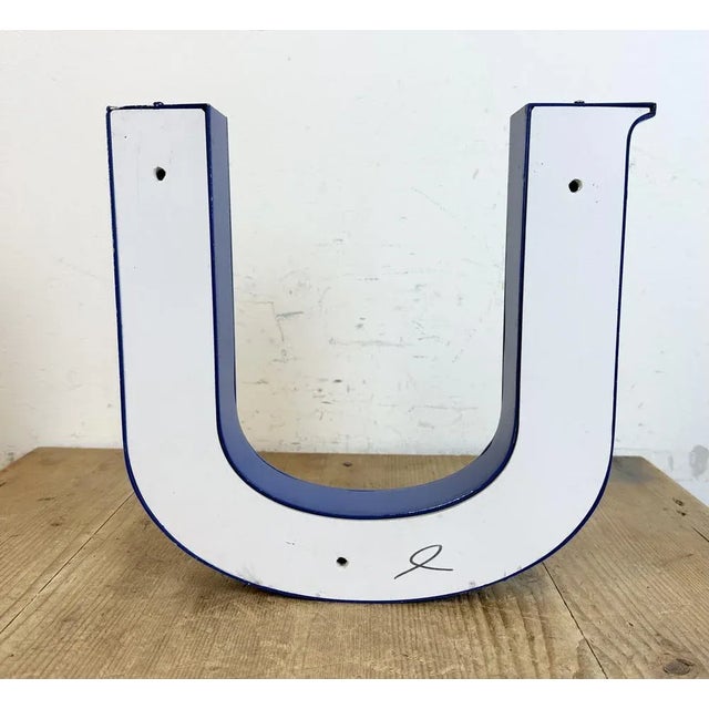 Blue Vintage Blue Iron Facade Letter U, 1970s For Sale - Image 8 of 9