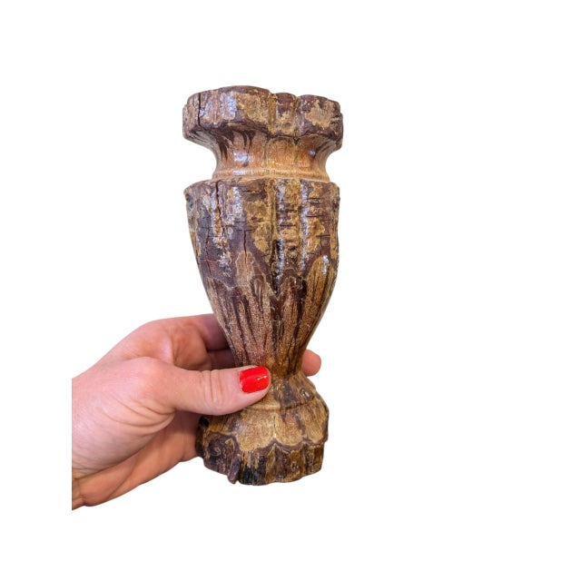 Vintage Hand-Carved Wabi-Sabi Chrysanthemum Wood Vase For Sale - Image 10 of 11
