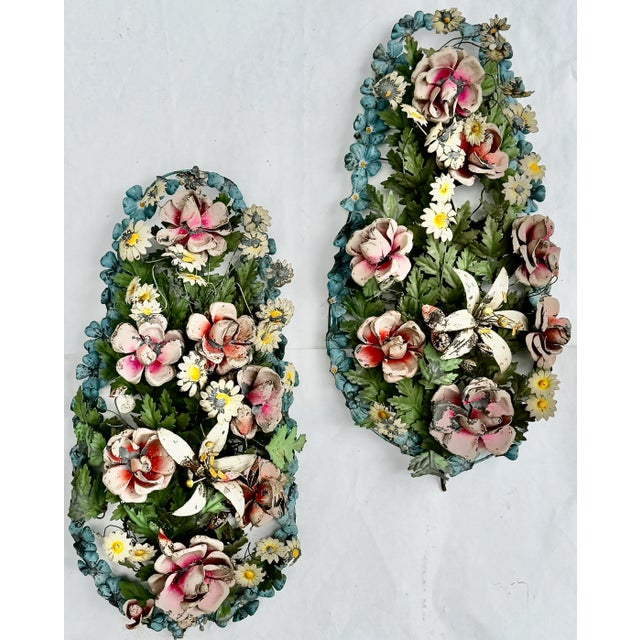 Italian Tole Floral Wall Sculptures, Pair, Circa 1950 For Sale - Image 15 of 15
