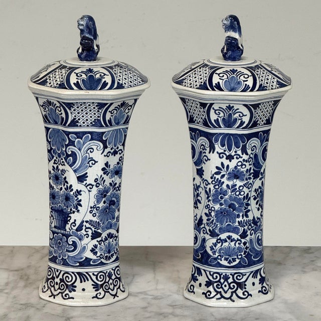 19th Century Boch Hand-Painted Blue & White Delft Garniture Set For Sale - Image 14 of 18
