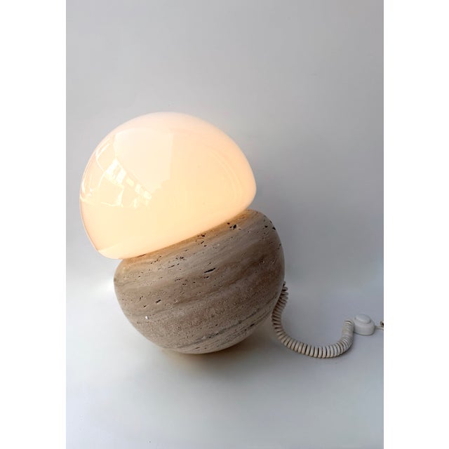 Pair of Travertine and Opaline Glass Culbuto Lamps Italy, 1980s For Sale - Image 4 of 14