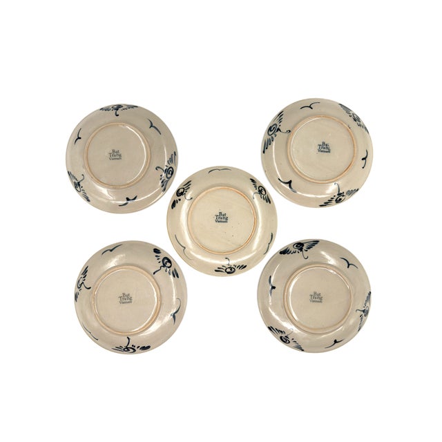 Set of 5 Bat Trang Vietnamese Ceramic Dessert Plates With Hand Painted Blue Floral Motifs For Sale - Image 4 of 10
