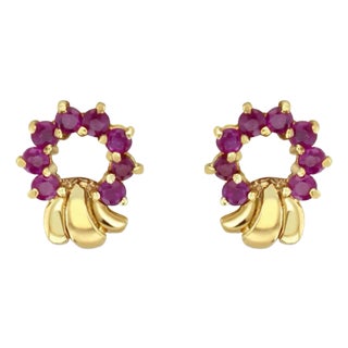 Ruby Wreath Style Studs 14k Yellow Gold, 2 Pieces For Sale