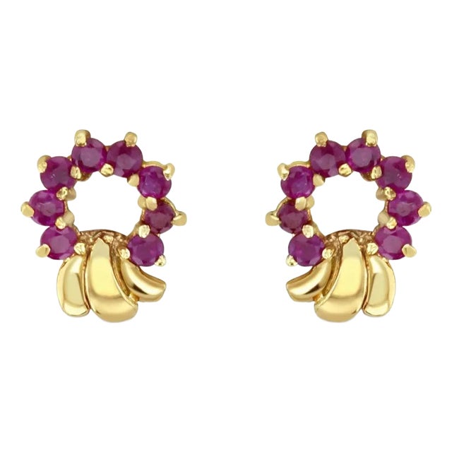 Ruby Wreath Style Studs 14k Yellow Gold, 2 Pieces For Sale