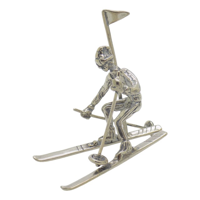 Vintage Italian Handmade Genuine Silver Slalom Skier Figurine, 1970s For Sale