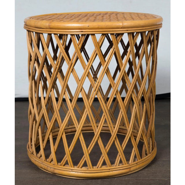 Mid-Century Modern Rattan Pieces Small Cylindrical Table, Small Square Ottoman - A Pair For Sale - Image 3 of 11