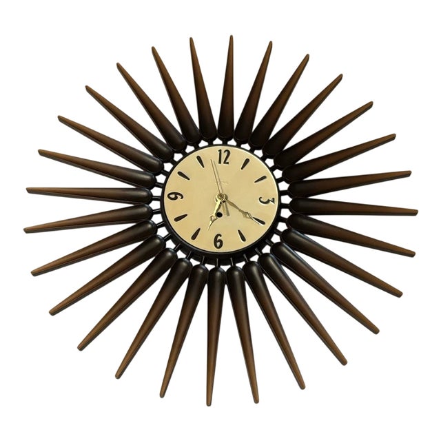 Vintage Syroco Sunburst Danish Mid Century Modern Nordic Wall Clock Made Usa For Sale
