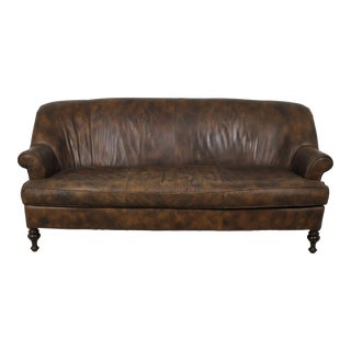 McKinley Brown Leather Sofa W. Turned Legs For Sale