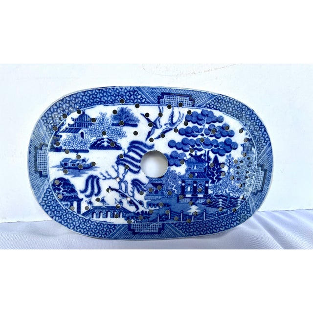 Chinoiserie Antique English Blue Willow Pierced Ceramic Fish Platter Drainer, 8" For Sale - Image 3 of 8