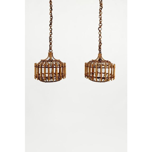 Italian Handcrafted Cane and Rattan Pendants Light in the style of Albini, 1960s, Set of 2 For Sale - Image 10 of 16