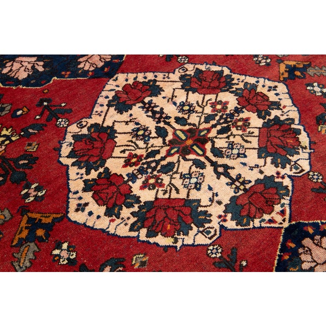 Red Hand-Knotted Shiraz Wool Rug in Red With Floral Design For Sale - Image 8 of 8