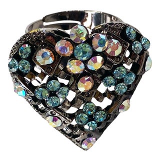 Vtg Resizable Heart Shape Ring W/Rhinestone Crystal Aurora Borealis Size 7. For Sale