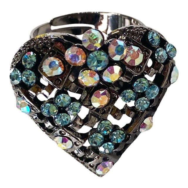 Vtg Resizable Heart Shape Ring W/Rhinestone Crystal Aurora Borealis Size 7. For Sale