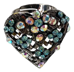 Vtg Resizable Heart Shape Ring W/Rhinestone Crystal Aurora Borealis Size 7.