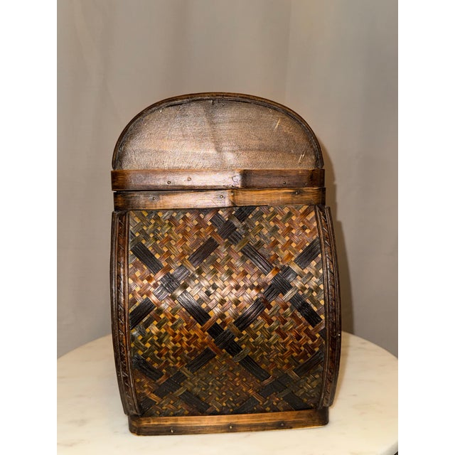 Wood Vintage Boho Chic Woven Bamboo and Mixed Wood Domed Keeper Box Trunk For Sale - Image 7 of 12