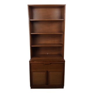 Mid Century Modern Two Piece Shelving Unit With Caned Cabinet and Drawer For Sale