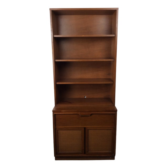 Mid Century Modern Two Piece Shelving Unit With Caned Cabinet and Drawer For Sale