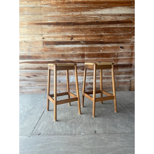Pair of Jute Wrapped Backless Bar Stools | Mid Century Modern For Sale - Image 13 of 13