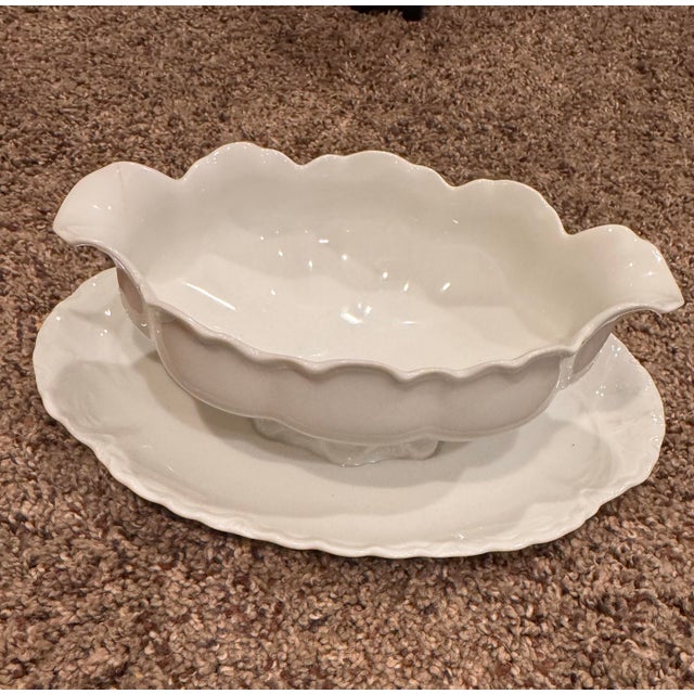Haviland & Co. Vintage Haviland White Porcelain Scalloped Gravy Boat With Underplate Saucer For Sale - Image 4 of 6