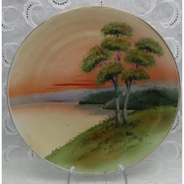 Ceramic Antique Asian Nippon Round Porcelain 8" Plate Hand Painted Sunset Lake Scene For Sale - Image 7 of 8