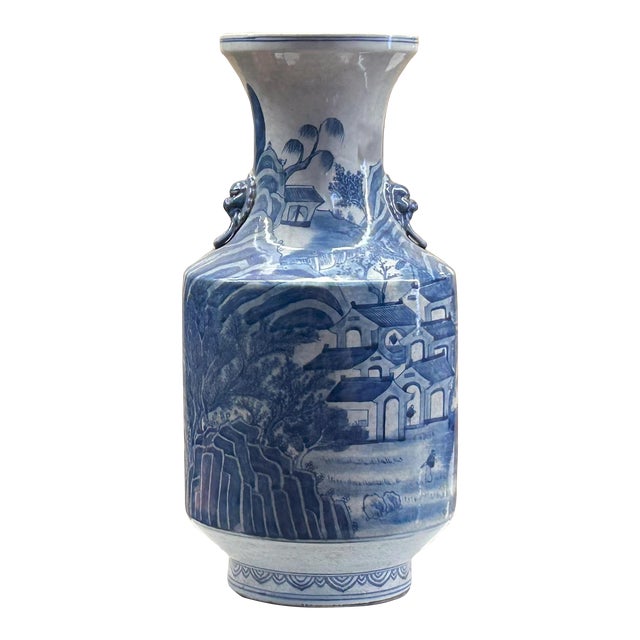 Vintage Chinese Blue White Scenery Graphic Porcelain Art Vase For Sale