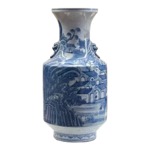 Vintage Chinese Blue White Scenery Graphic Porcelain Art Vase
