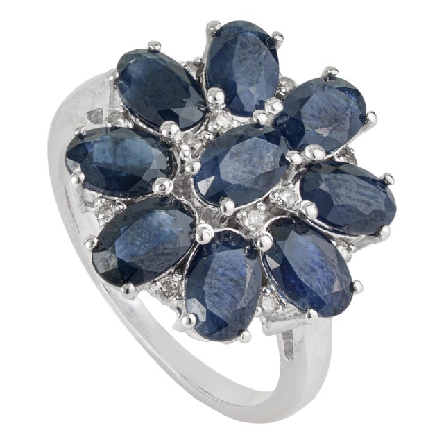 Midnight 5.06 Ct Blue Sapphire & Diamond Floral Cluster Cocktail Ring, Size 7 For Sale