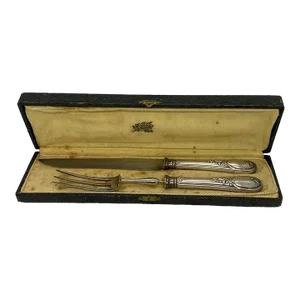 Early 20th Century French Paris Silverplate Two-Piece Carving Set With Green Storage Case