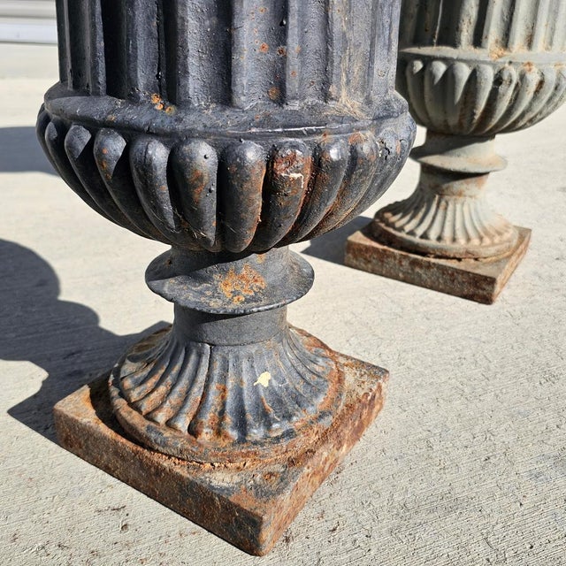 Antique Classical Cast Iron Garden Urn Planters a-Pair For Sale - Image 10 of 18