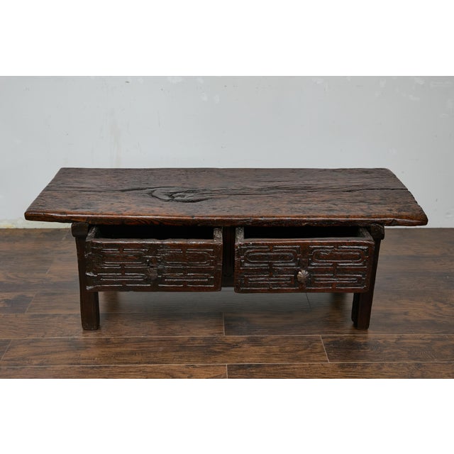 Wood Antique Spanish Oak Coffee Table with Two Carved Drawers, Circa 1800 For Sale - Image 7 of 12