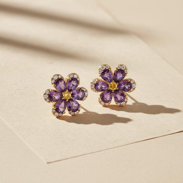 Not Yet Made - Made To Order Flower Earrings Studs With Amethyst and Citrines, Silver, Gold, Pair For Sale - Image 5 of 7