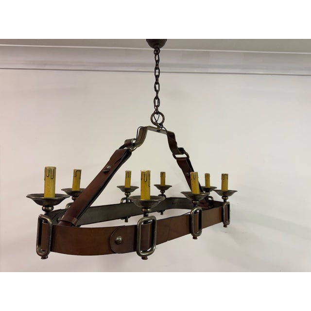 1950s French Leather and Iron Chandelier, 1950s For Sale - Image 5 of 11