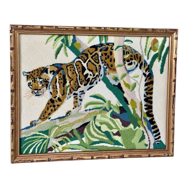 Vintage Leopard Jungle Needlepoint Textile Art in Faux Bamboo Frame For Sale