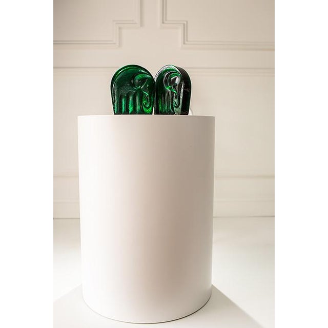 This pair of glass bookends by Joel Myers for Blenko, c.1960s, USA are a stunning emerald color. Each bookend depicts an...