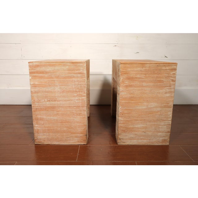 Vintage Pair Sarreid Stool Bench Table Stacked Striped Wood Made in Spain Minimalist Boho Chic Japandi For Sale - Image 6 of 11