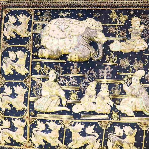 Embroidered Burmese Kalaga Tapestry with Sequins in Golden Frame, 2000s For Sale - Image 3 of 11