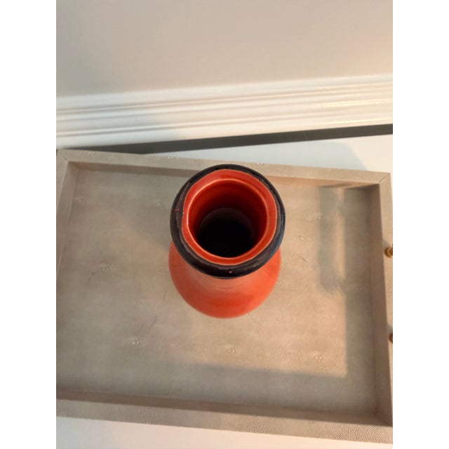 Late 20th Century Crackle Glaze Coral Orange Ceramic Vase With Black Rim Accent For Sale - Image 5 of 8