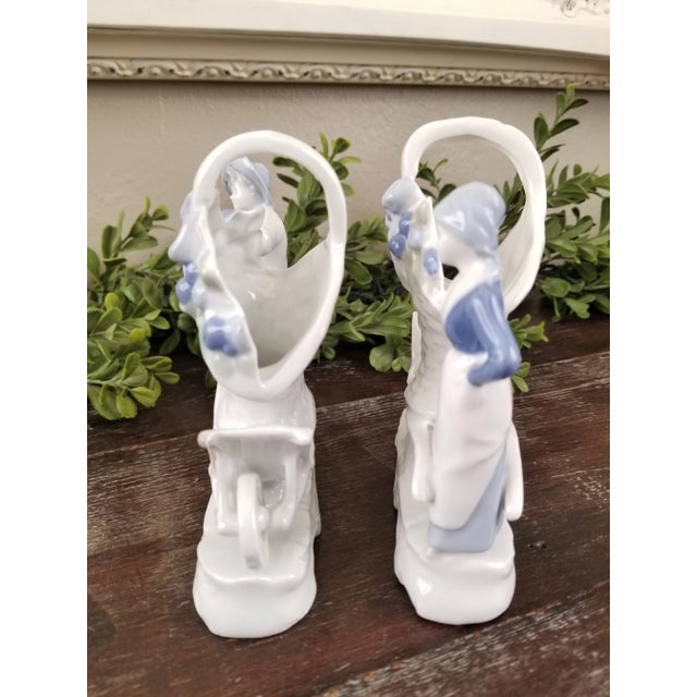 1920s Pair 1920s Erphila Blue & White Porcelain Farmers With Large Basket Bud Vases on Wheelbarrows For Sale - Image 5 of 10