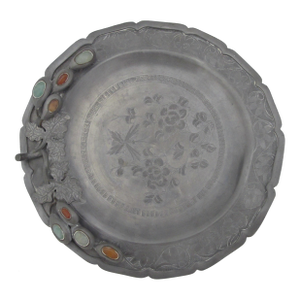 Chinese Pewter Plate With Engraved Flowers Raised Leaves & Inlaid Gemstones