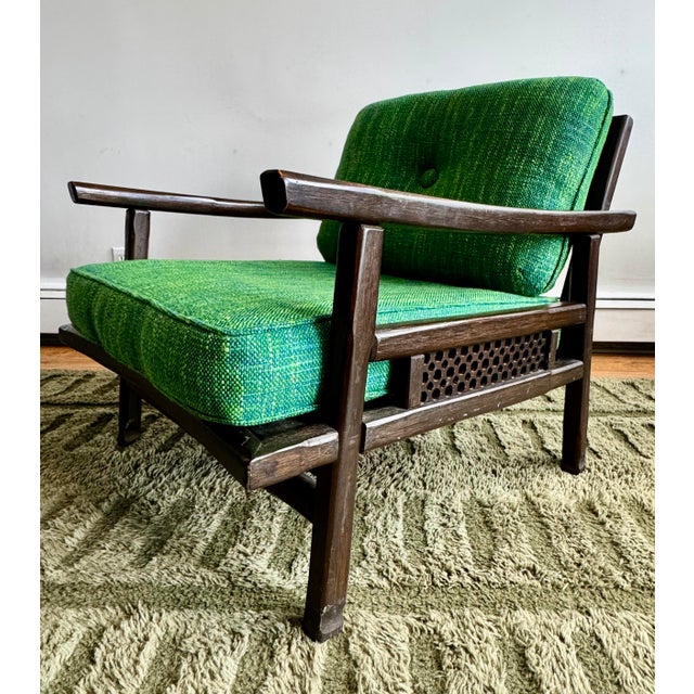 Ficks Reed Ficks Reed Lounge Chair With Ottoman C. 1960’s Very Good Condition Dark Wood Green Cushions For Sale - Image 4 of 12