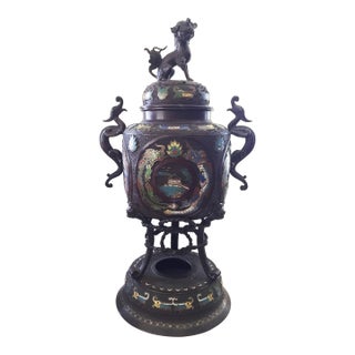 Superb 19th C Chinoiserie Enamel Bronze Incense Burner W/Foo Dog 28" H For Sale