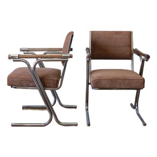 Pair of Mid-Century Modern Side Chairs in Light Chocolate Suede For Sale