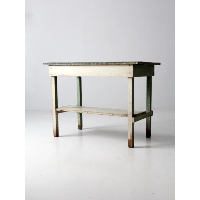 Wood Antique Table With Galvanized Top For Sale - Image 7 of 11