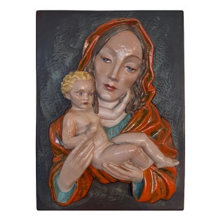 Art Deco Ceramic Madonna and Child Wall Relief from Keramos Wien, 1920 For Sale