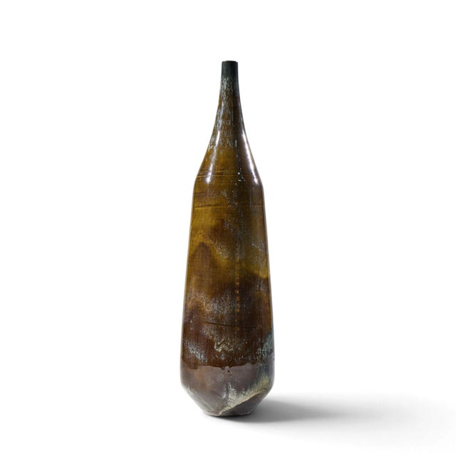 Gertrud and Otto Natzler Mid Century Dark Cat's Eye Reduction Fired Glaze Cylindrical Tall Bottle This bottle measures: 4...