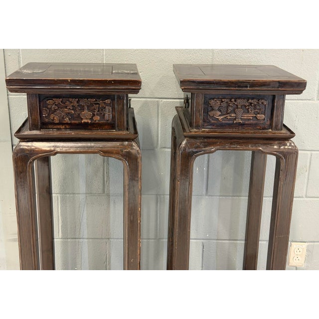 Antique Chinese Elmwood Pedestal Stands-a Pair of 2 For Sale In New York - Image 6 of 7