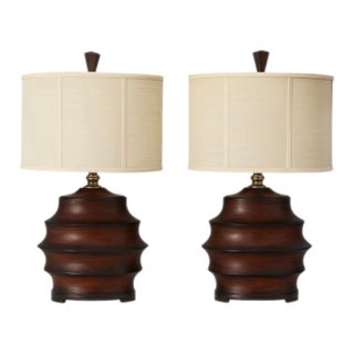 1970s Pair of Sculptural Mid-Century Modern Table Lamps — Walnut Tone, Drum Shades For Sale