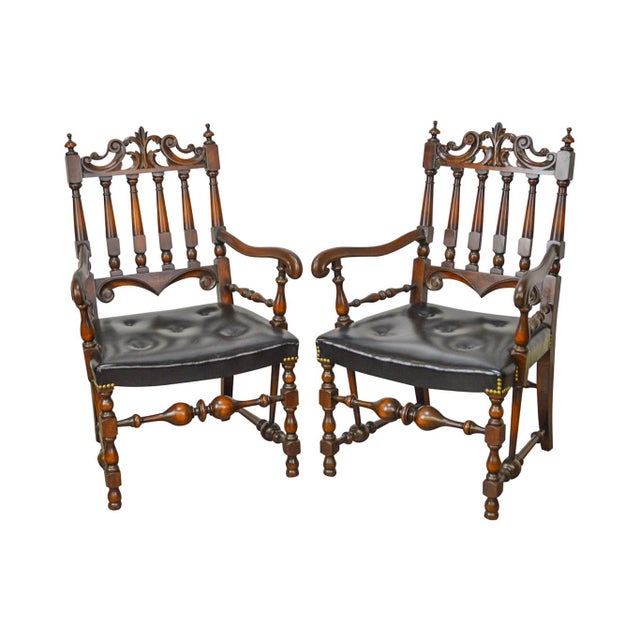 Jacobean Style Solid Walnut Carved Arm Chairs A Pair Chairish